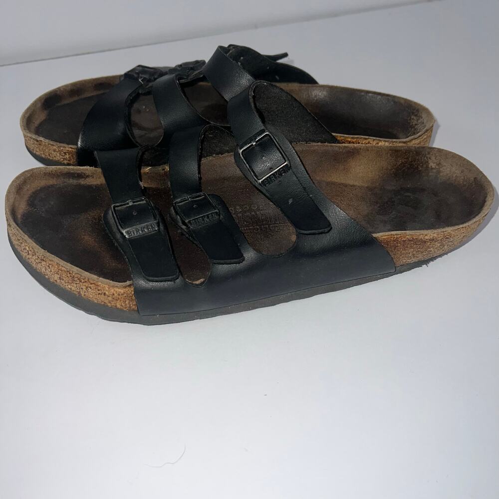 Birkenstock Florida Black Leather Buckle Used Triple Strap Sandals Size 42 - Picture 8 of 16